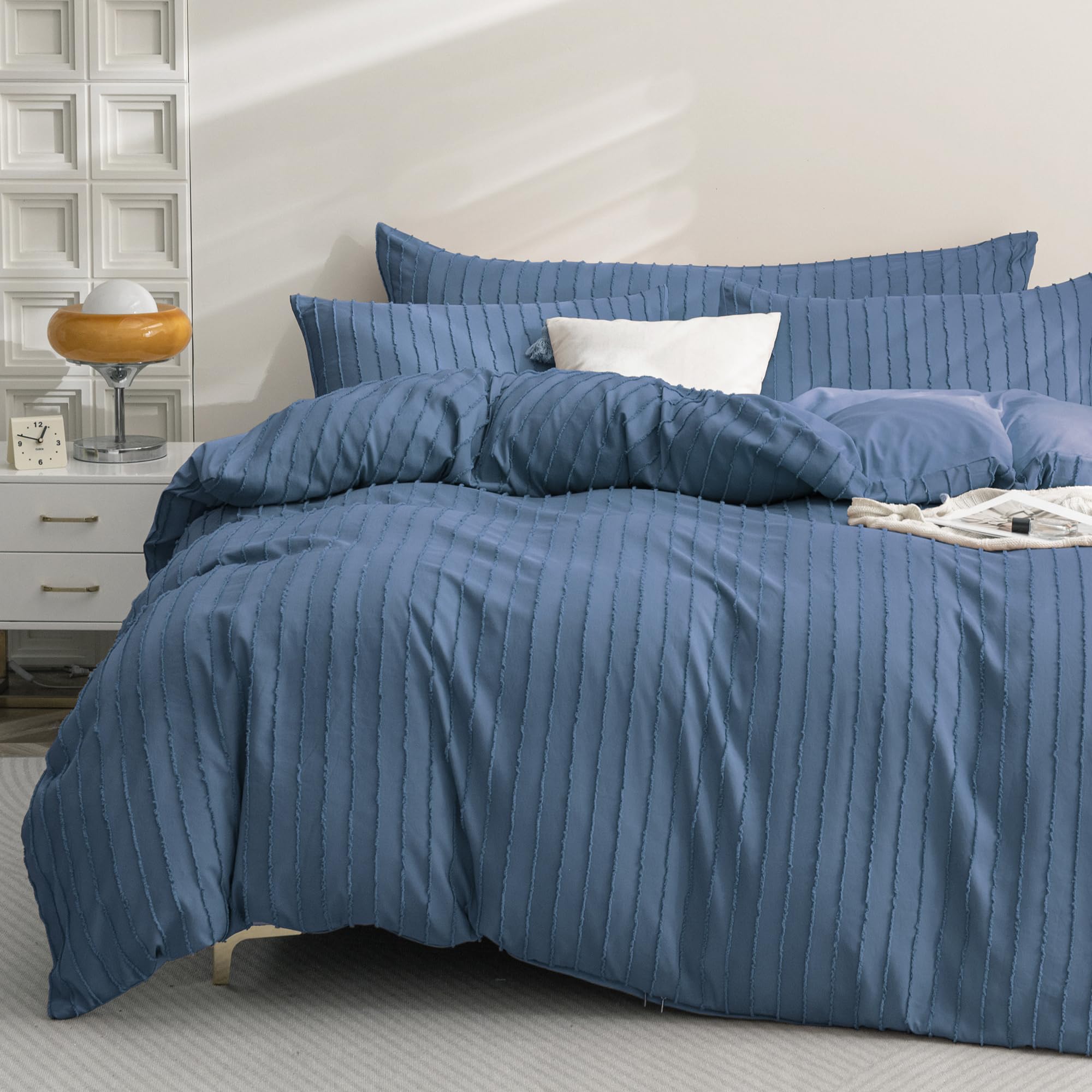 Jellymoni Blue Duvet Cover King Size - 3Pcs Microfiber Tufted Duvet Cover Set, Boho Striped Tufted Textured Duvet Cover With Cor